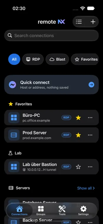 remoteNX auf dem iPhone: Verbindungsliste mit Quick Connect, Favoriten und RDP-Verbindungen