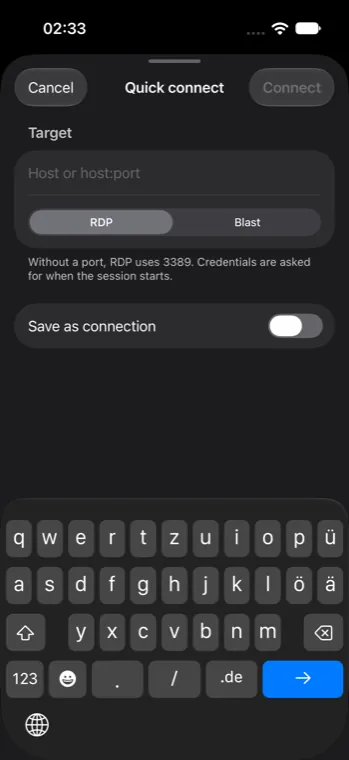 Quick Connect auf dem iPhone: Eingabefeld für Host oder Adresse, Auswahl zwischen RDP und Blast